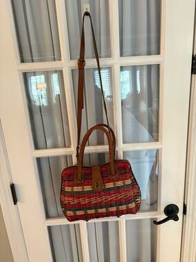 Women’s Multicolor Woven Shoulder Bag with Leather Trim